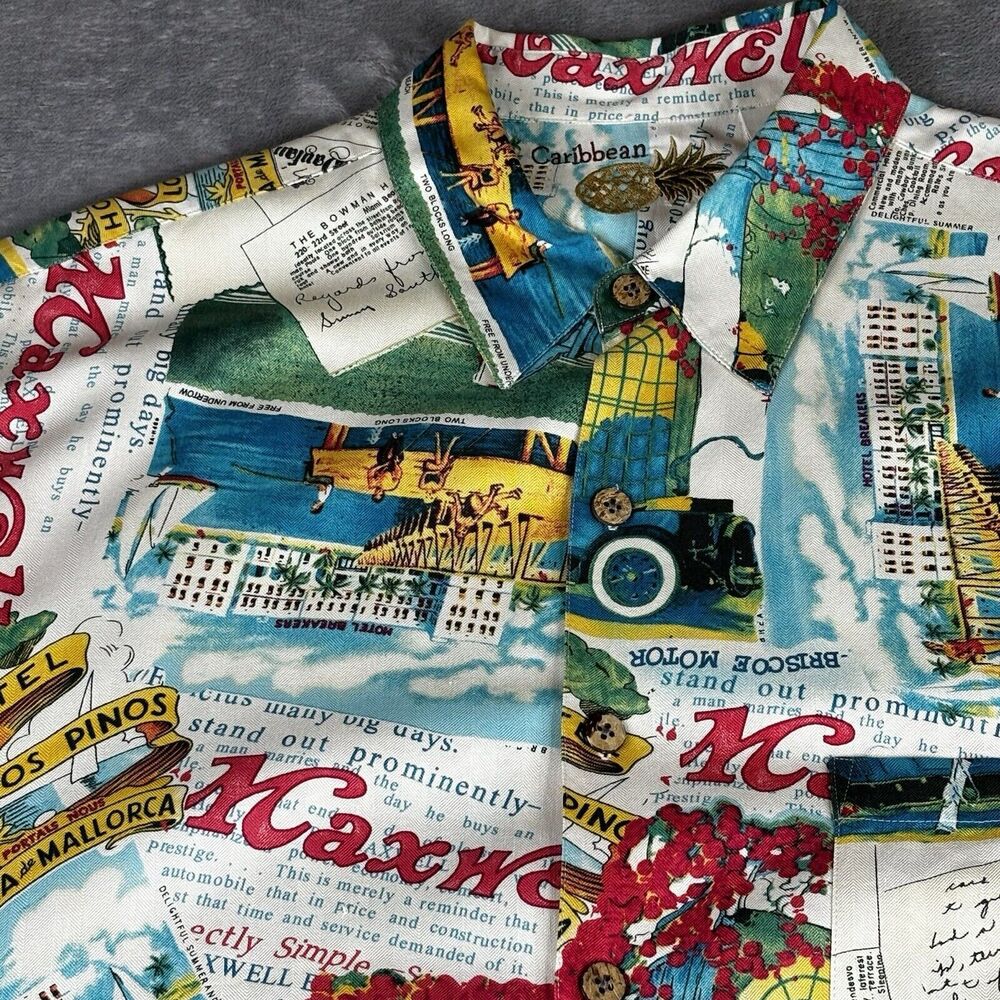 Caribbean Pineapple Hawaiian Shirt Mens‎ XL 100% Silk Travel Hotel Short Sleeve